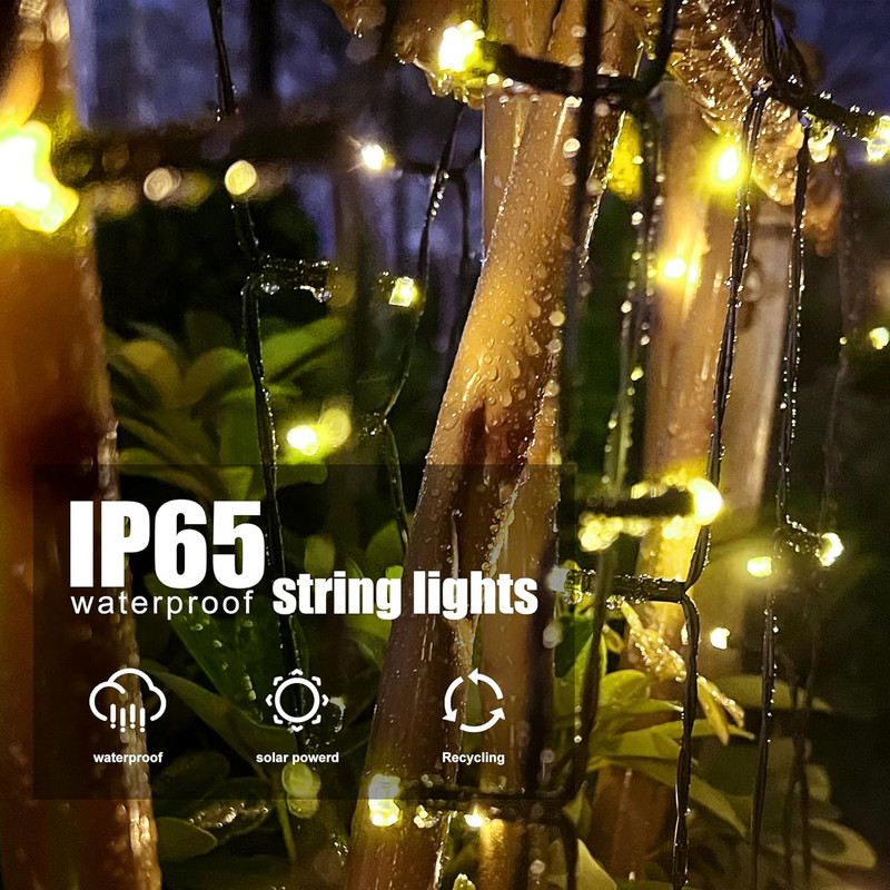 Solar String Lights 72FT 200 LED, 8 Modes, IP65 Waterproof, Warm White, 2 Pack gallery