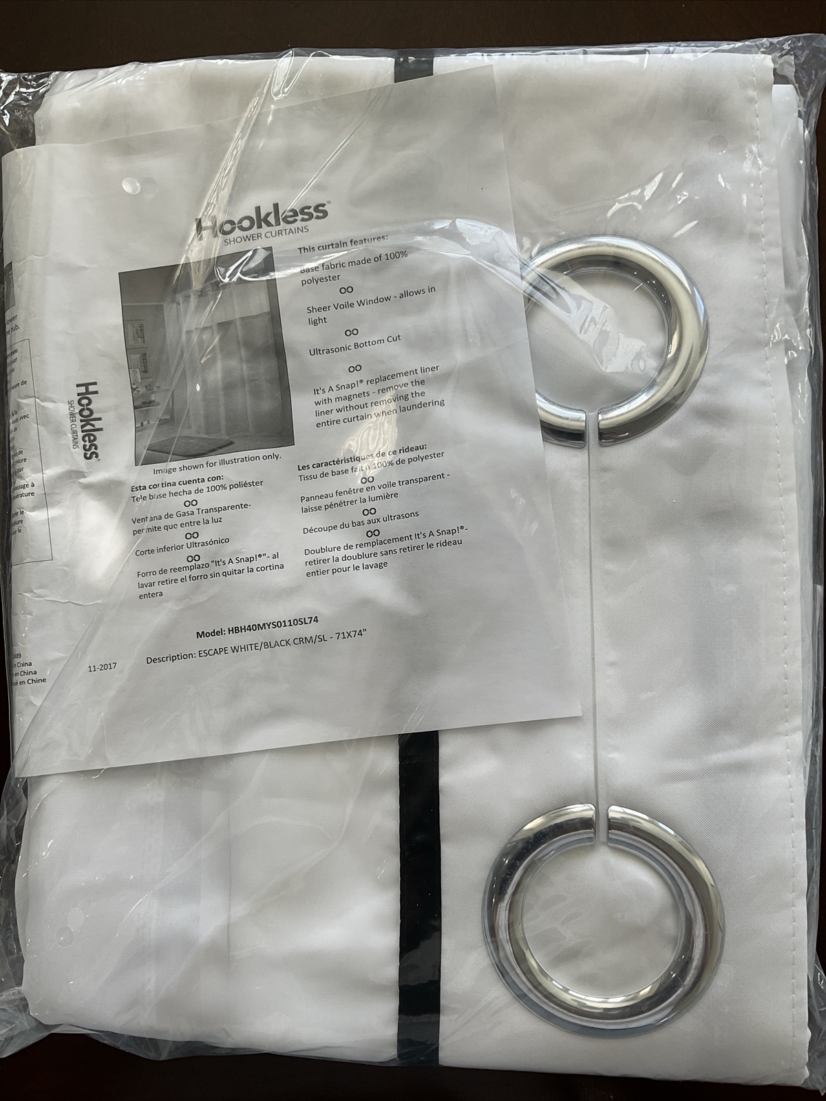 Hookless Shower Curtain, Polyester, White, Black, 71" W, 74" L gallery