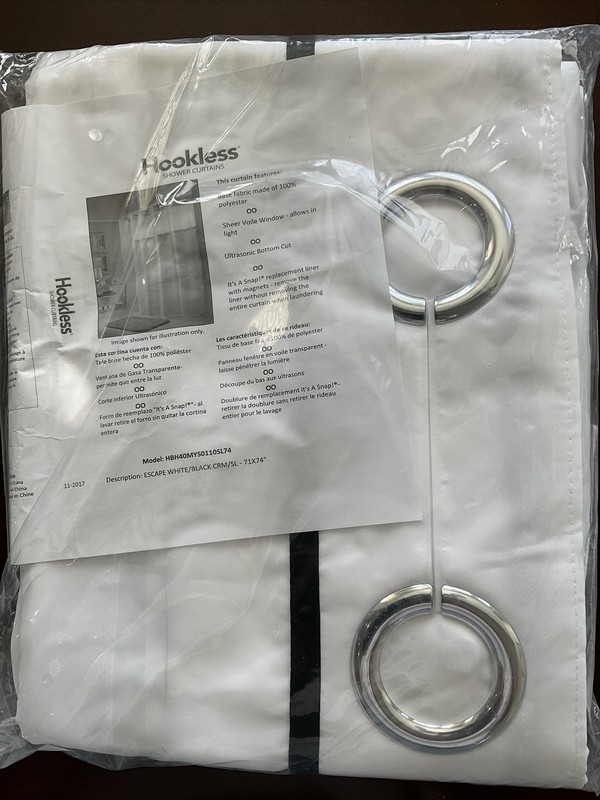 Hookless Shower Curtain, Polyester, White, Black, 71" W, 74" L gallery