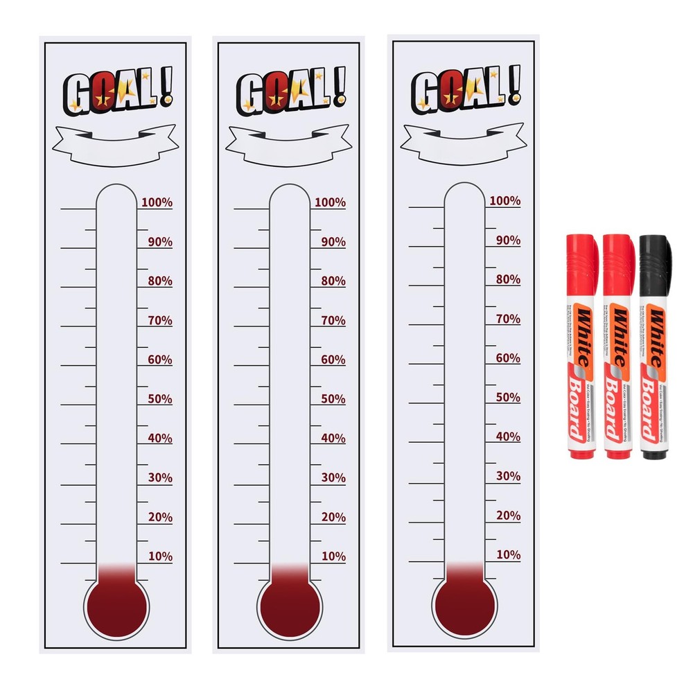 Fundraiser Thermometer Tracker, 46"x12" Self-Adhesive with Dry Erase Markers,...