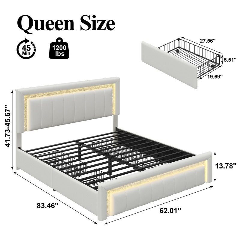 Full/Queen Bed Frame with Upholstered LED Headboard＆4 Storage Drawer, Charging. gallery
