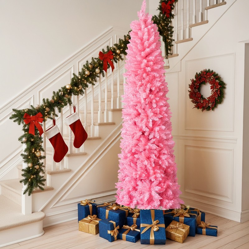 7.5 FT Hinged Christmas Tree, Artificial Pencil Christmas Tree, Pink gallery