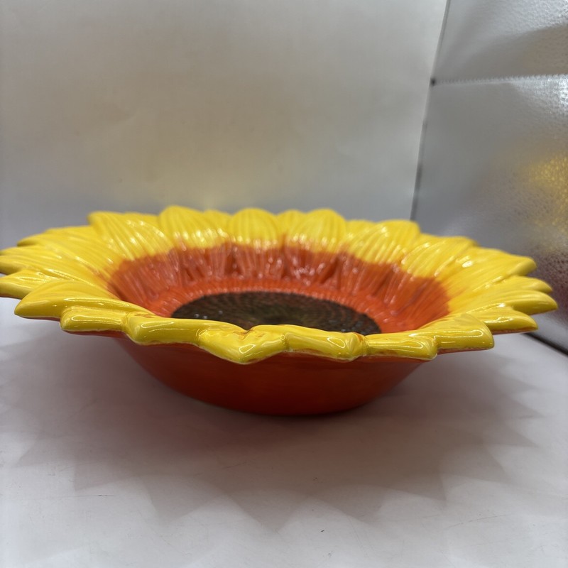 Hand Painted Sunflower Ceramic Serving Bowl painted Yellow Brown Orange 12 Inch gallery