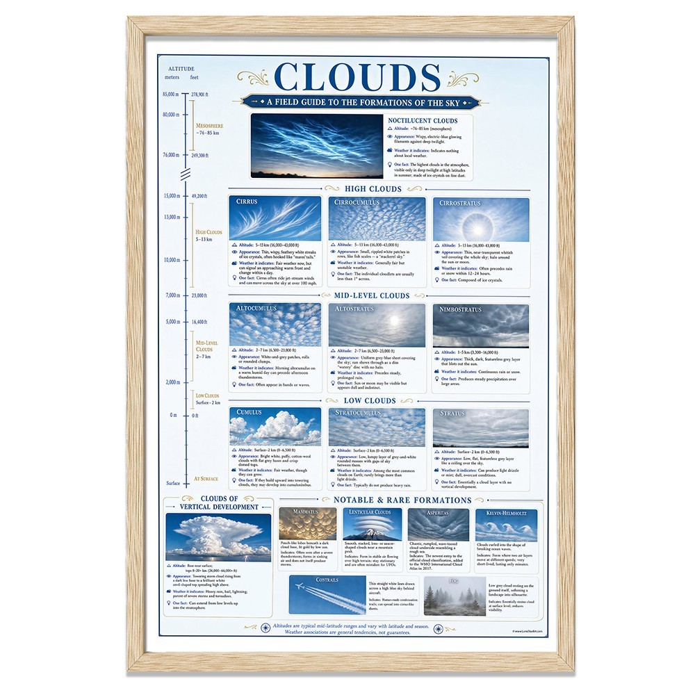 Cloud Identification Framed Poster 24x36 - Weather Reference Chart
