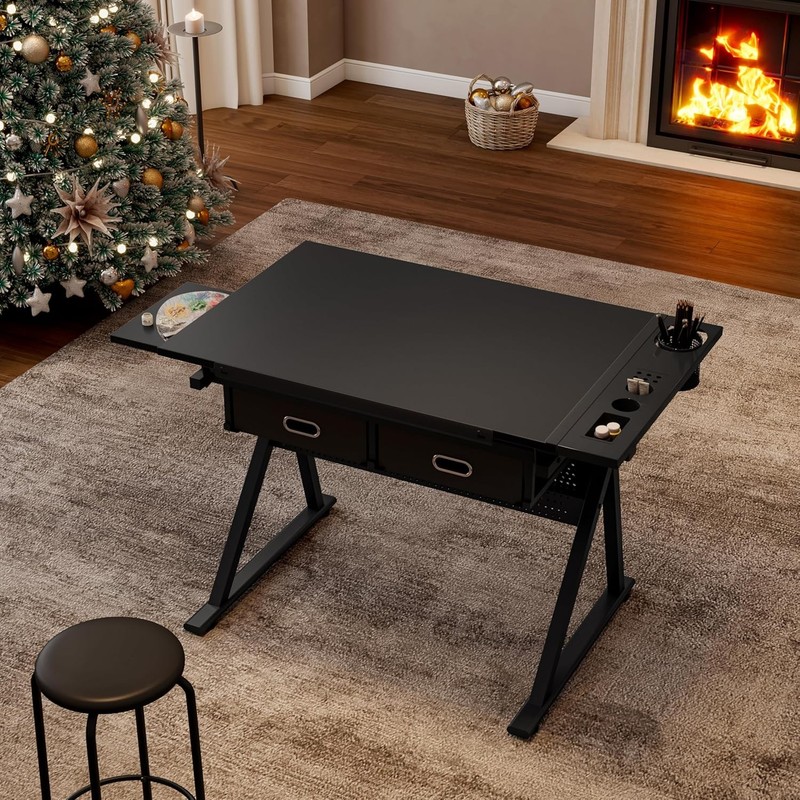 Adjustable Drawing Drafting Table Desk w/2 Drawers and 0-75° Tilting MDF Top gallery