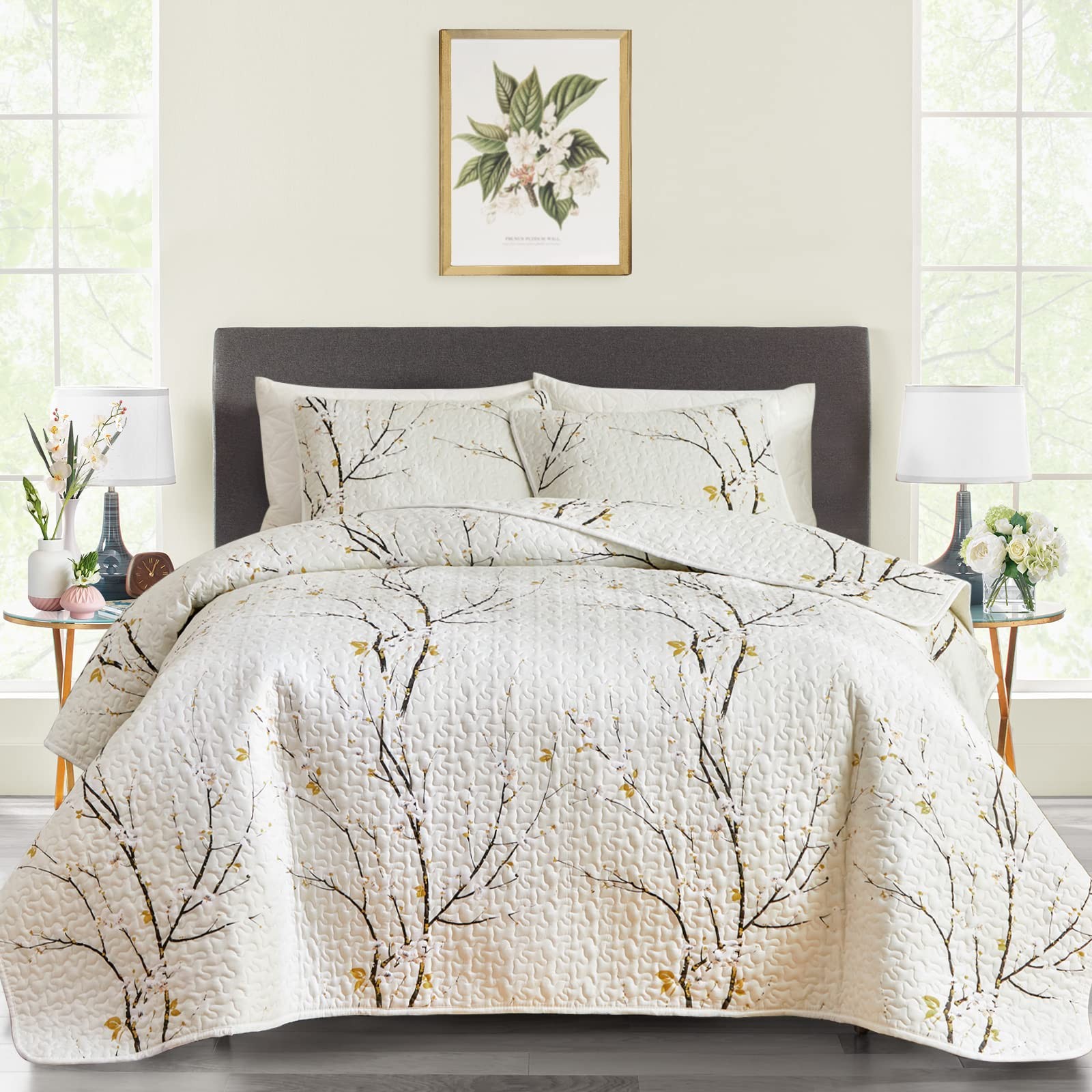 Quilt Set Queen Size Cream White with Black Branch Bedding Set 88x88 Soft Mic... gallery
