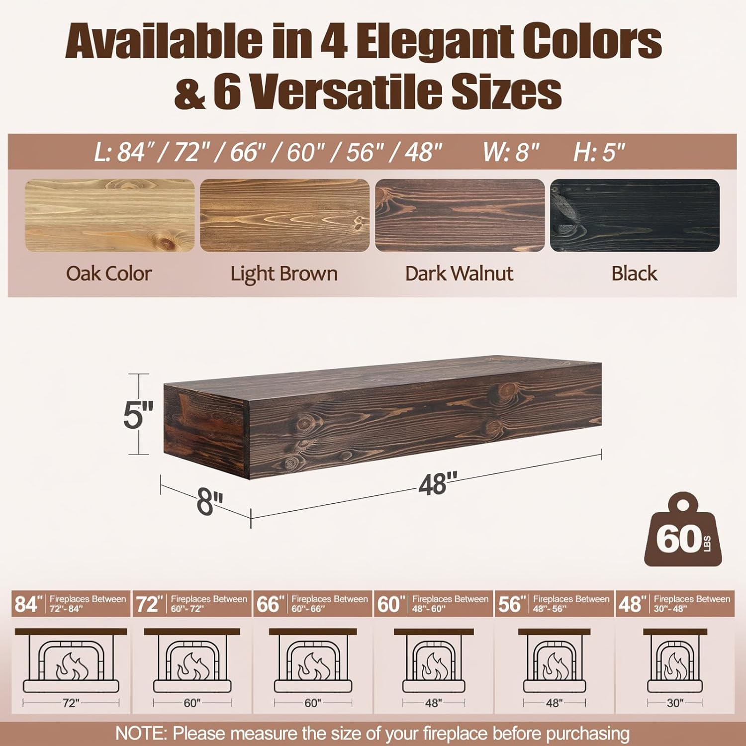 Rustic Dark Walnut Floating Fireplace Mantel Shelf - 48x8x5 Wall-Mounted Decor gallery