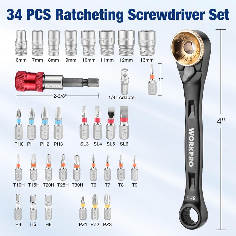 WORKPRO 34PC Offset Ratcheting Screwdriver Low Profile Ratchet Wrench Bit Socket gallery
