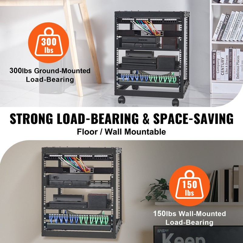 12U Open Frame Server Rack, 23-40 in Adjustable Depth, Free Standing or Wall Mou gallery