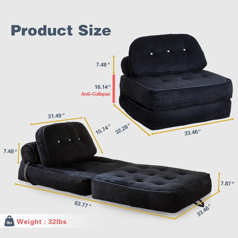 Folding Sofa Bed, Flannel Futon Couch Bed with Pillow and Blanket, Convertible gallery