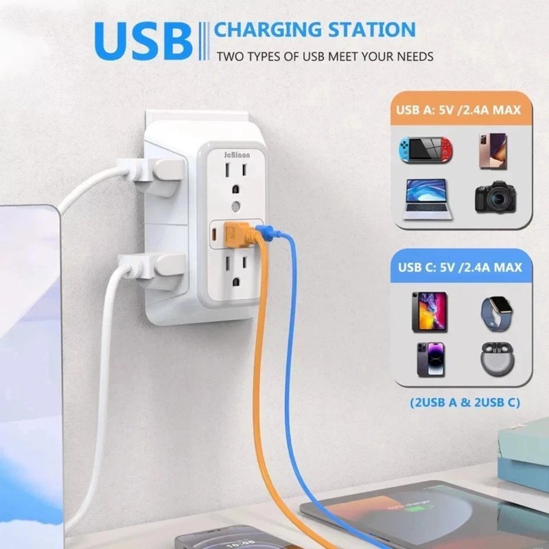 6 Outlet Extender Surge Protector Multi Plug Wall Adapter USB Charger Ports with gallery