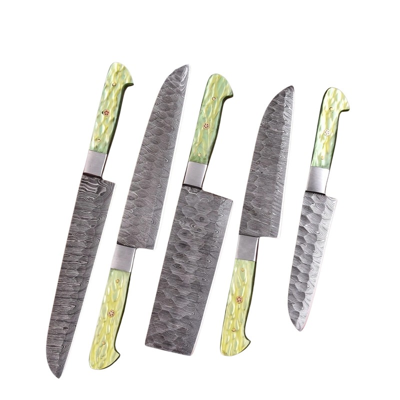 Hammered Damascus BBQ Chef Knife Set Green Epoxy Resin Handle with Leather Roll gallery