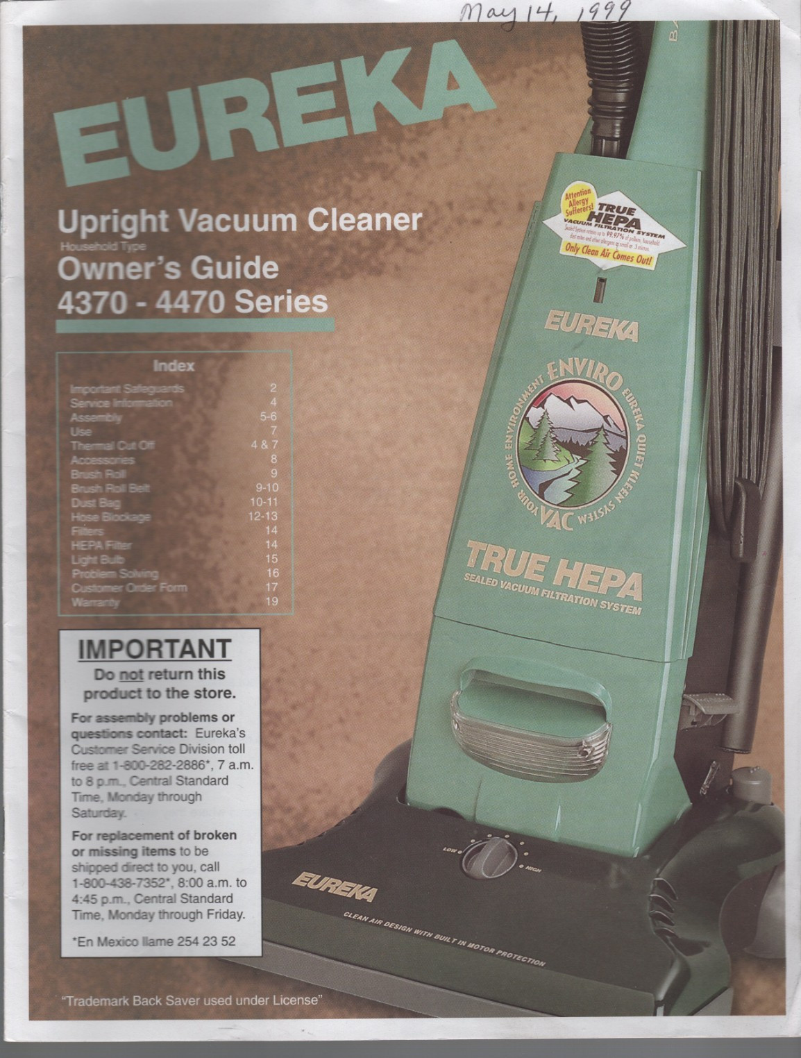 Eureka Upright Vacuum Cleaner User Manual Booklet Model 4370-4470 Series gallery