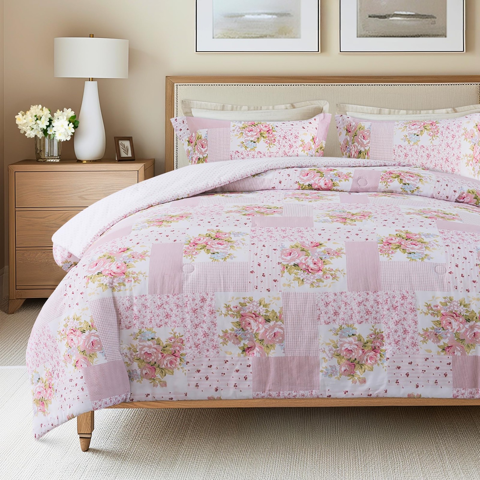 Cotton Comforter Set - King Size and 2 Shams, Pink Floral Patchwork Bedding S... gallery