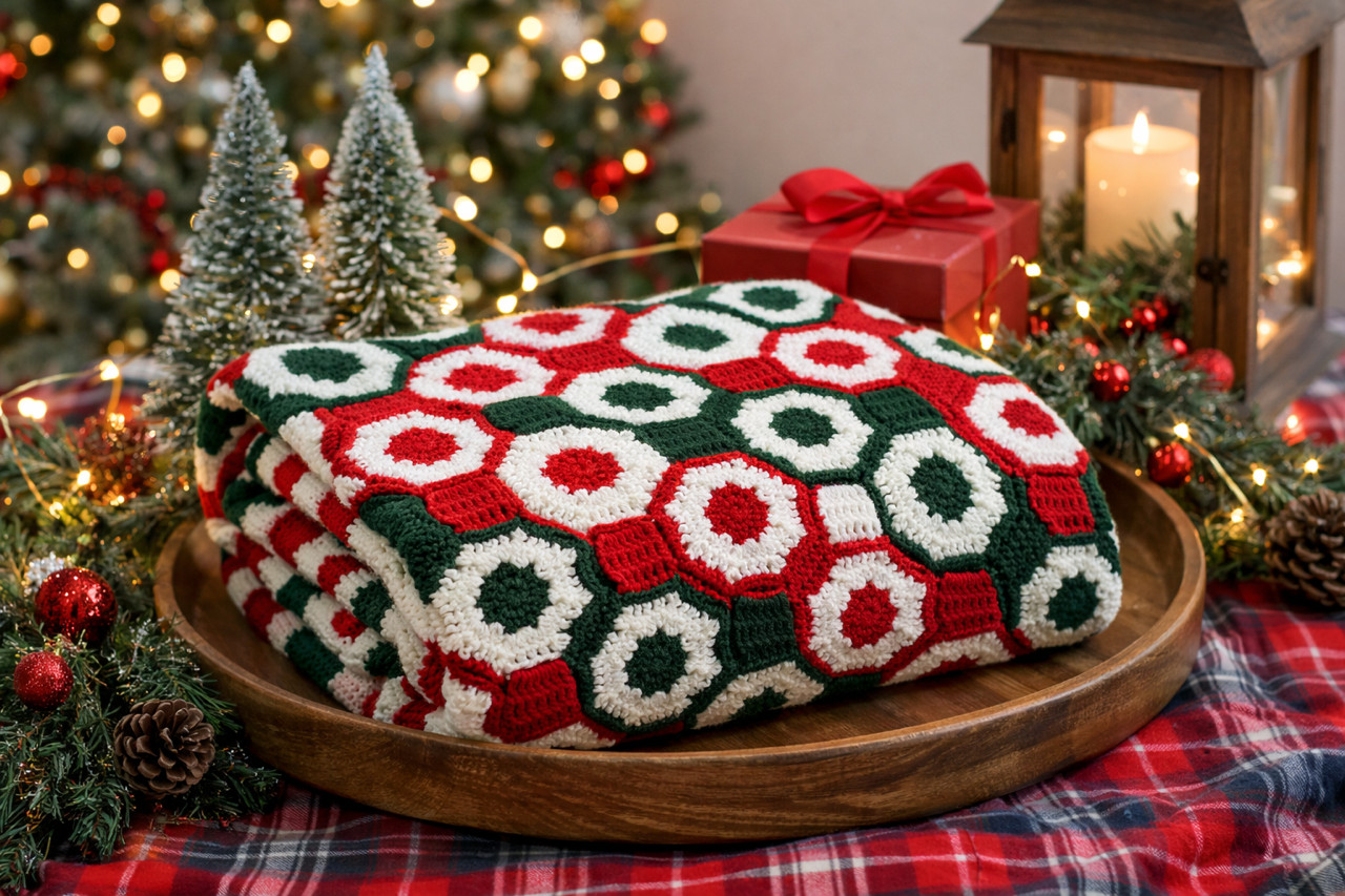Handmade Crochet Christmas Afghan Blanket Red Green White Hexagon Retro 50x59 gallery