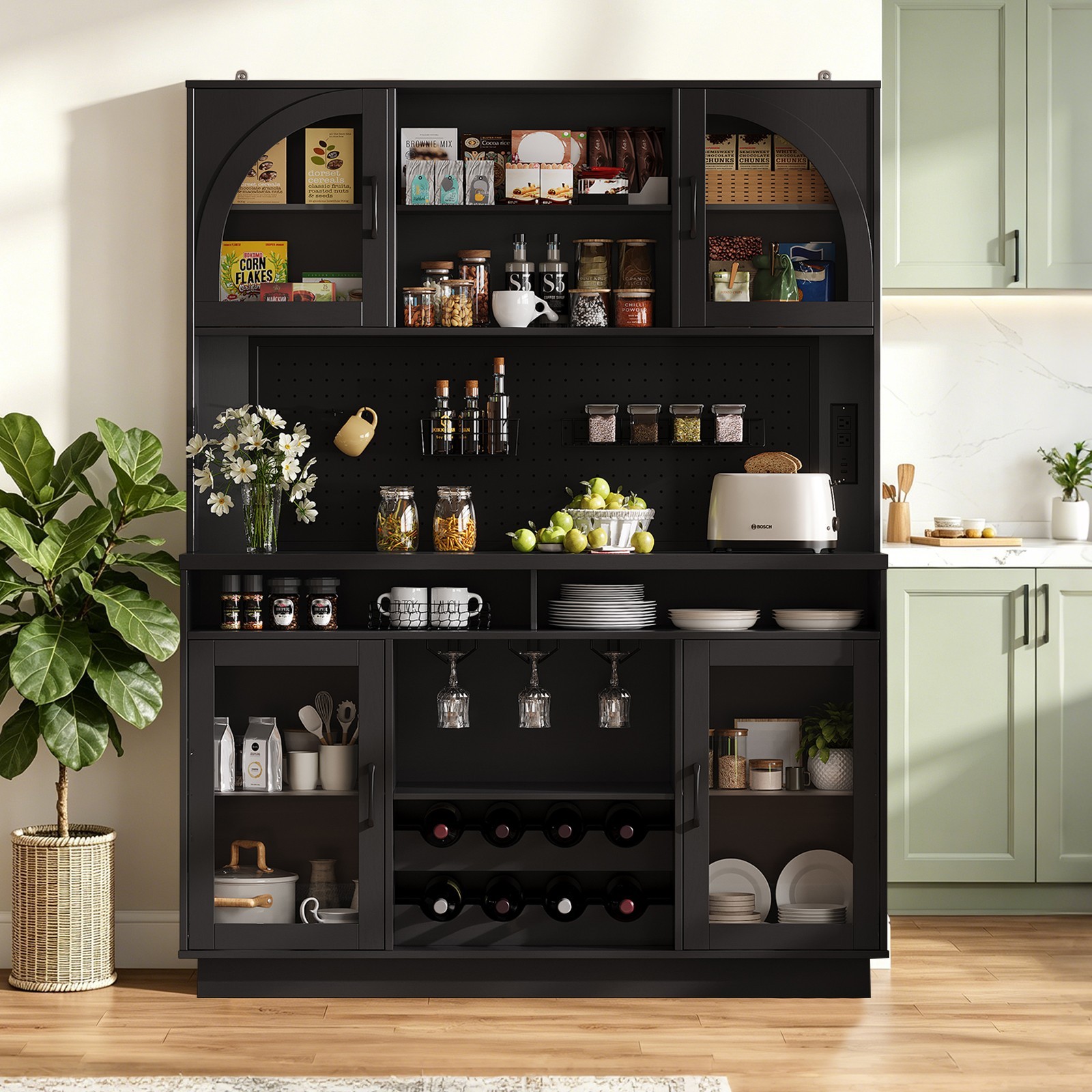 Tall Kitchen Pantry Cabinet with Charging Station 71" Cabinet with Wine Rack gallery