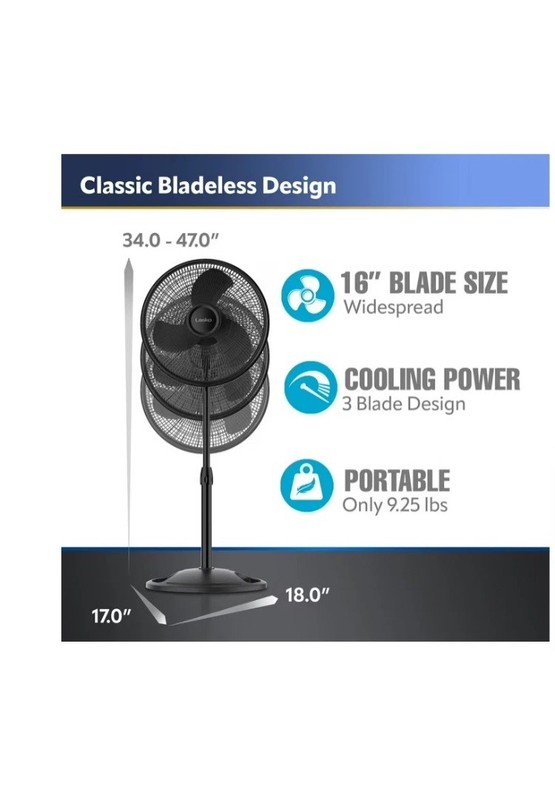 Lasko 16" Oscillating Adjustable Pedestal Fan with 3-Speeds, S16500, Black, 18" gallery