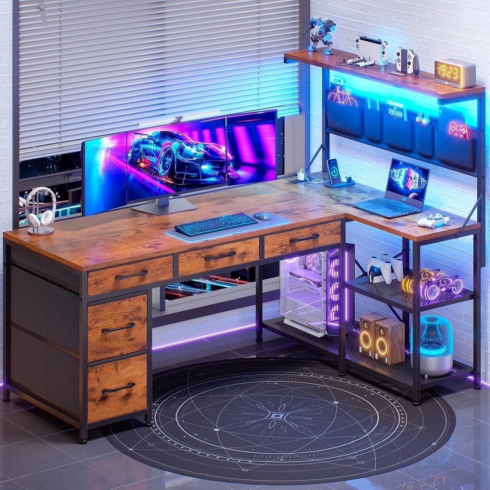 Corner Computer Desk, Reversible L Shaped office Desk with 5 Drawers&LED Lights