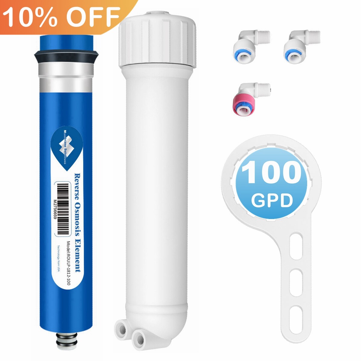 100 GPD RO Membrane Reverse Osmosis System Water Filter Housing+Fittings+Wrench gallery