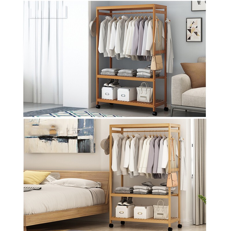 Bamboo Clothes Rail Rack Garment Storage Organizer Hanging Shelf On-Wheels DIY gallery