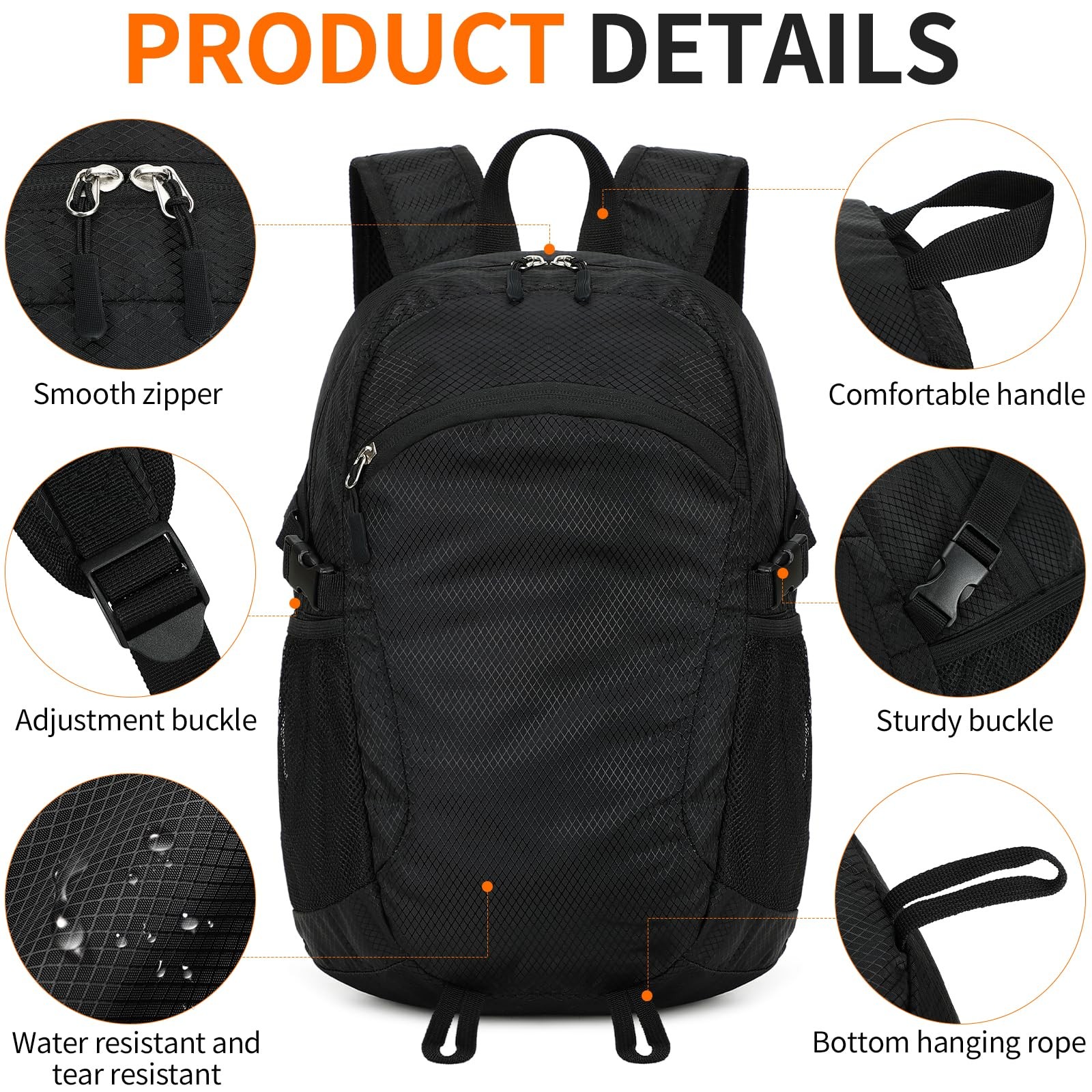 Small Hiking Backpack 15L Lightweight Packable Daypack Foldable Travel Black 5