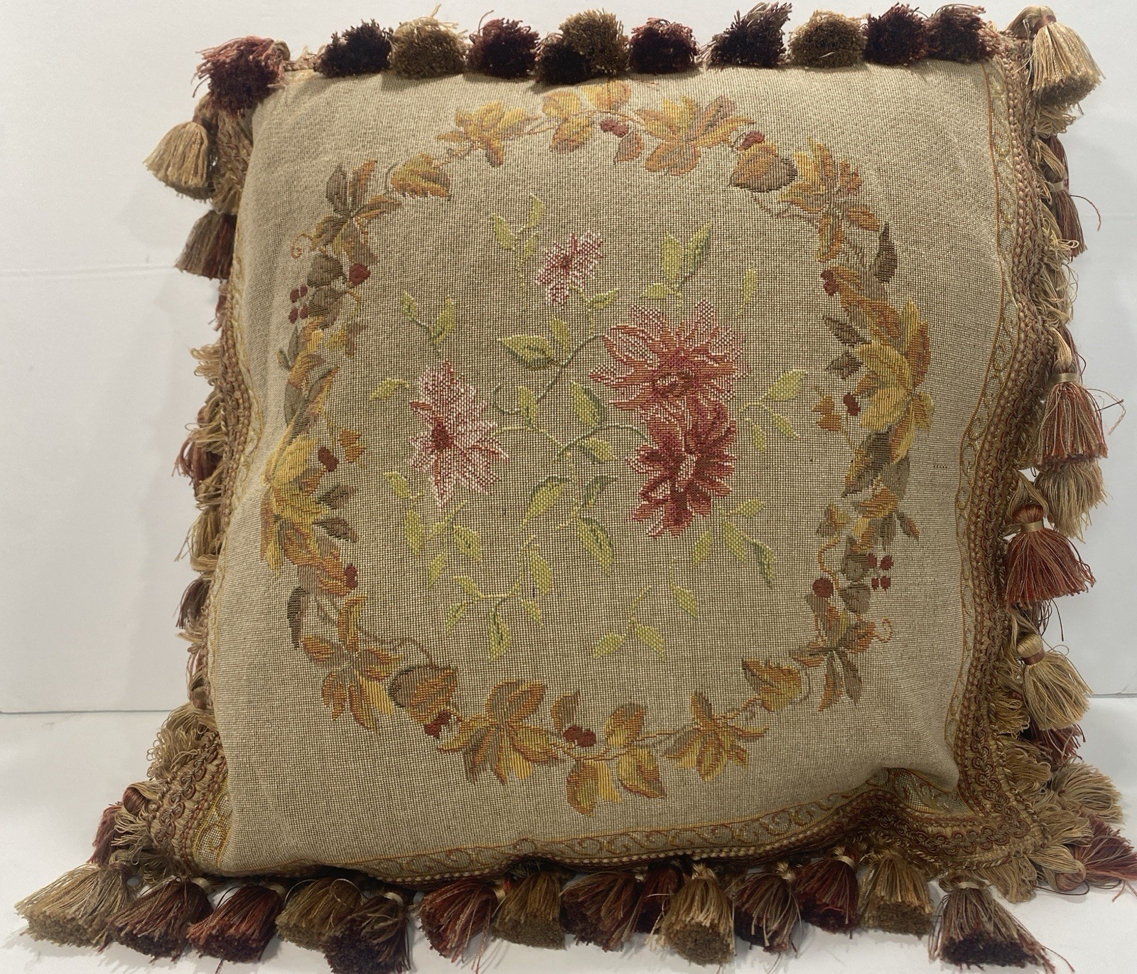 Aubusson Needlepoint Victorian Floral Pillow Tassels READ Repaired 634 gallery