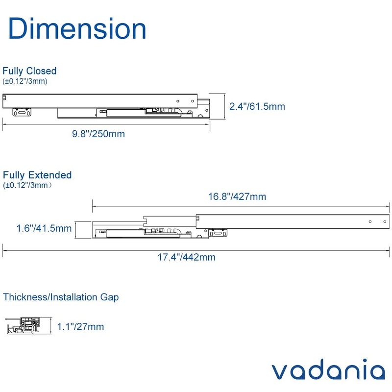 10" Undermount Drawer Slide 1 Pair Push to Open 88 lb Full Extension Bottom gallery