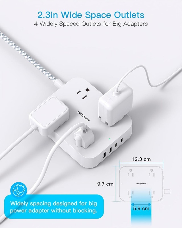 Flat Plug Extension Cord, 5Ft Power Strip with USB Ports(2 USB C), Widely Out gallery