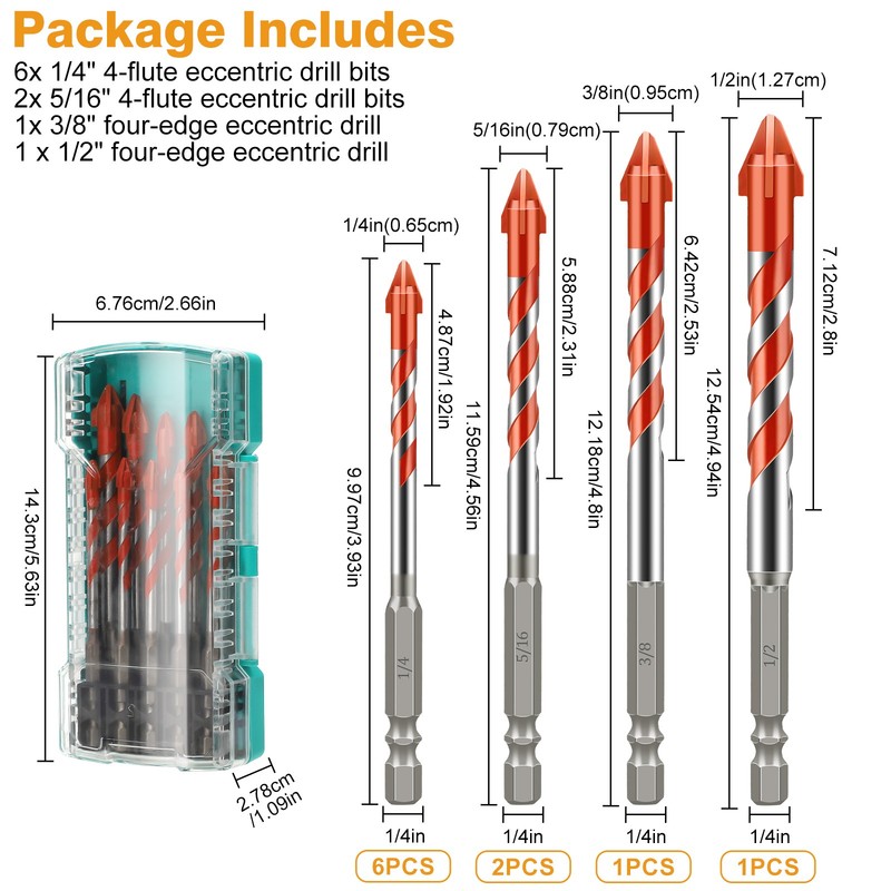 10x Four-Blade Eccentric Drill Bit 1/4" 5/16" 3/8" 1/2" for Masonry Glass Tile gallery