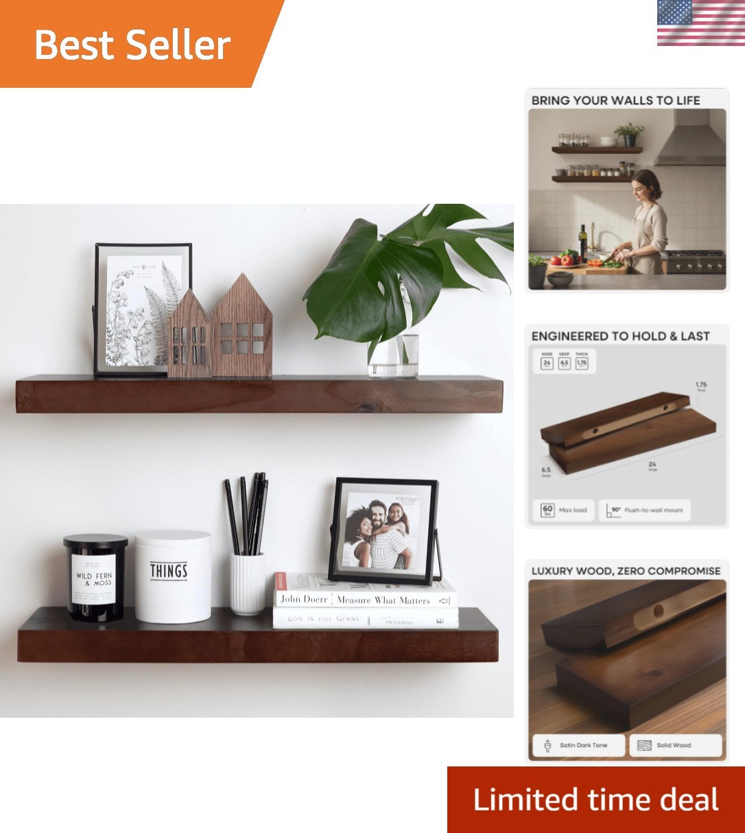 24inch Walnut Floating Shelves for Wall, High End Solid Real Wood 24in Floati... gallery