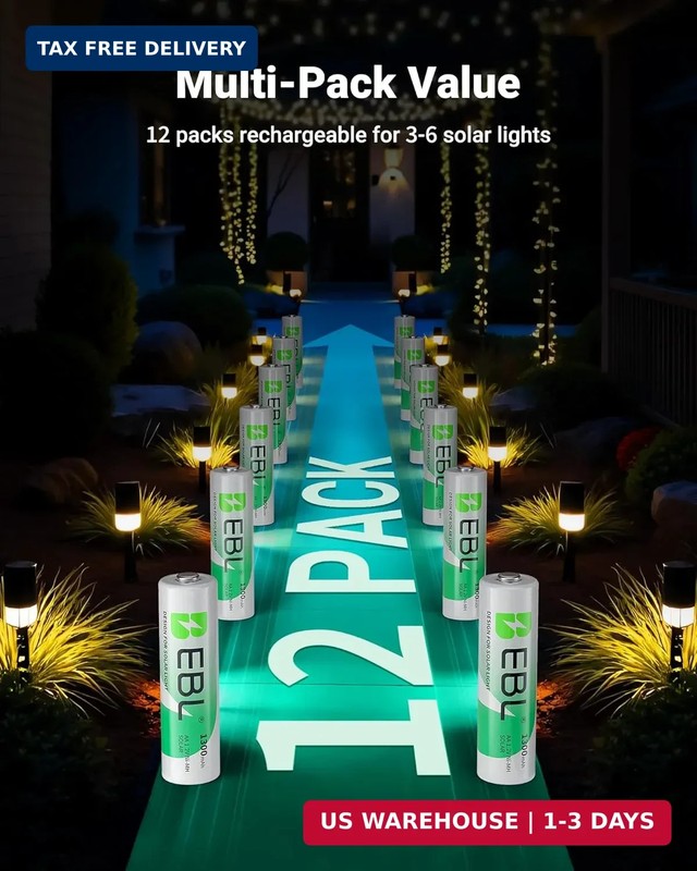 EBL Solar AA Battery Rechargeable Batteries for Outdoor Solar Lights, 1300mAh NI gallery