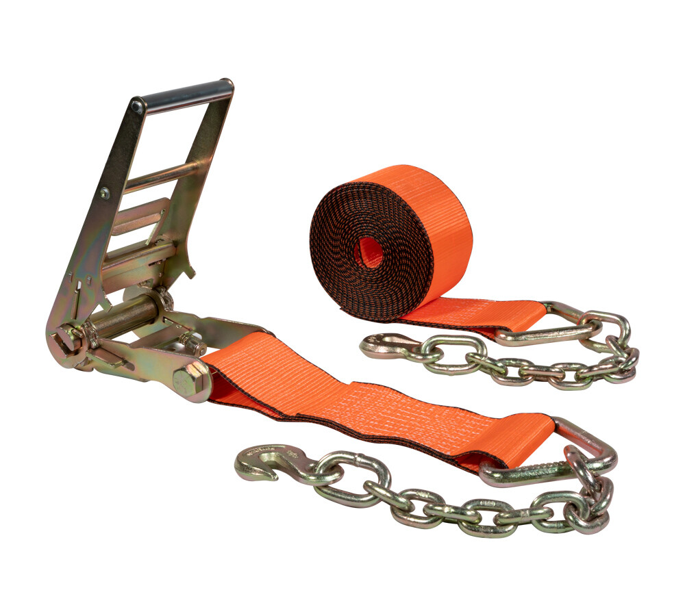 4"x30' Orange Ratchet Strap with Chain Anchor 6667 Lbs WLL Hi Abrasion Tie Down gallery