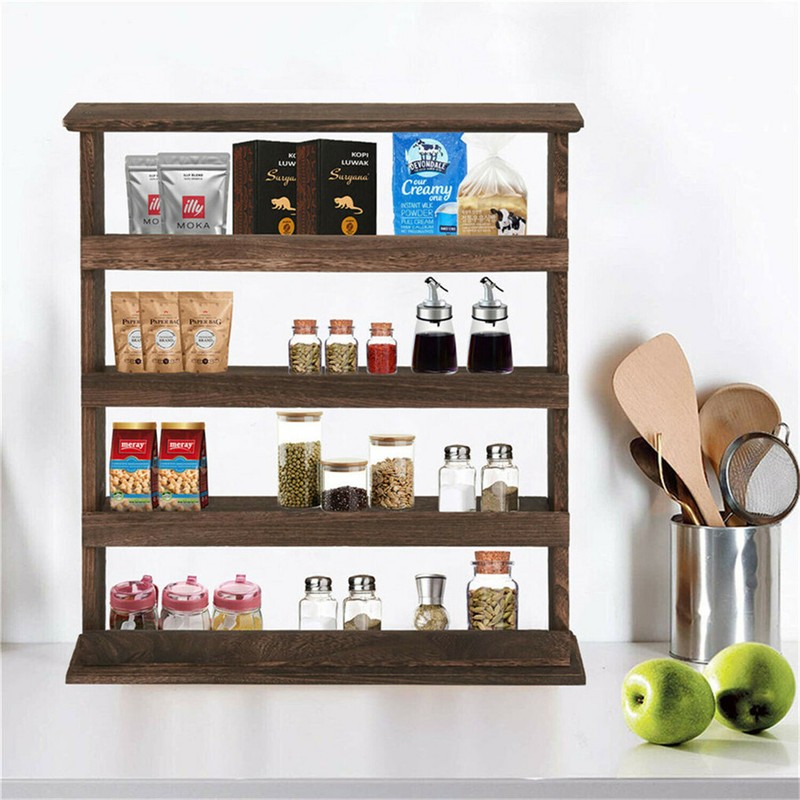 Rustic Torched Wood Wall-Mounted 4-Tier Spice Rack Hanging Spice Shelf Storage gallery