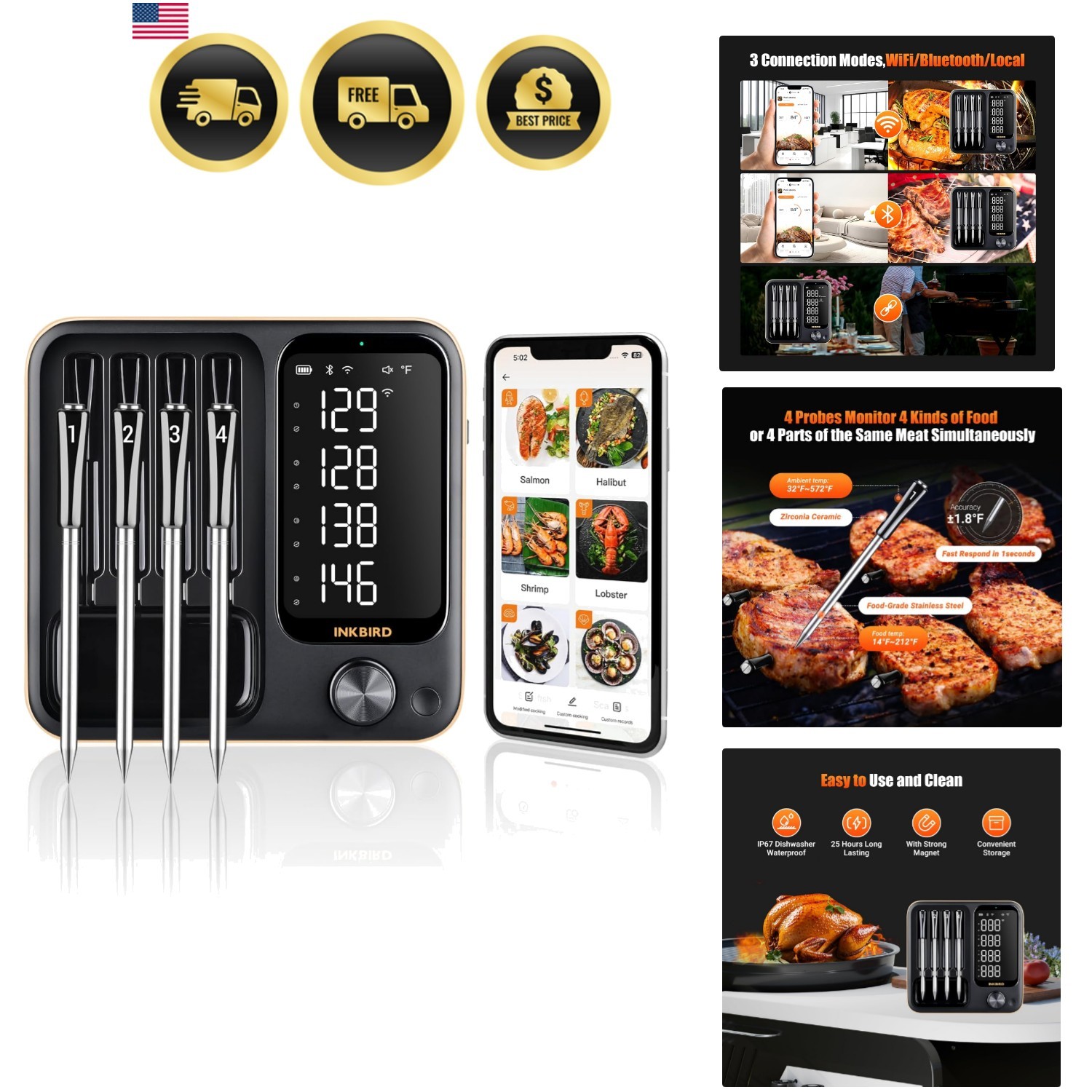4-Probe WiFi Wireless Meat Thermometer with 360°Readable LCD Standalone Base,... gallery