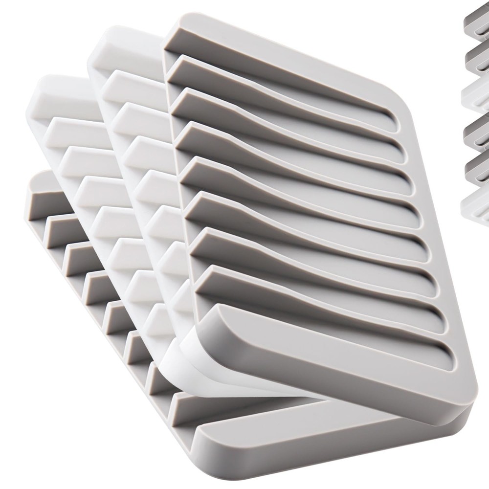 4PCS Self-Draining Silicone Bar Soap Dish and Holders for Medium, White, Gray