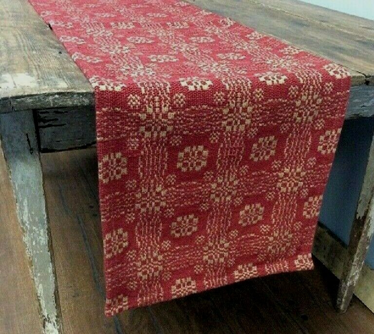 NEW PRIMITIVE RED TAN TABLE RUNNER 56" x 14" GETTYSBURG FARMHOUSE WOVEN Rustic gallery