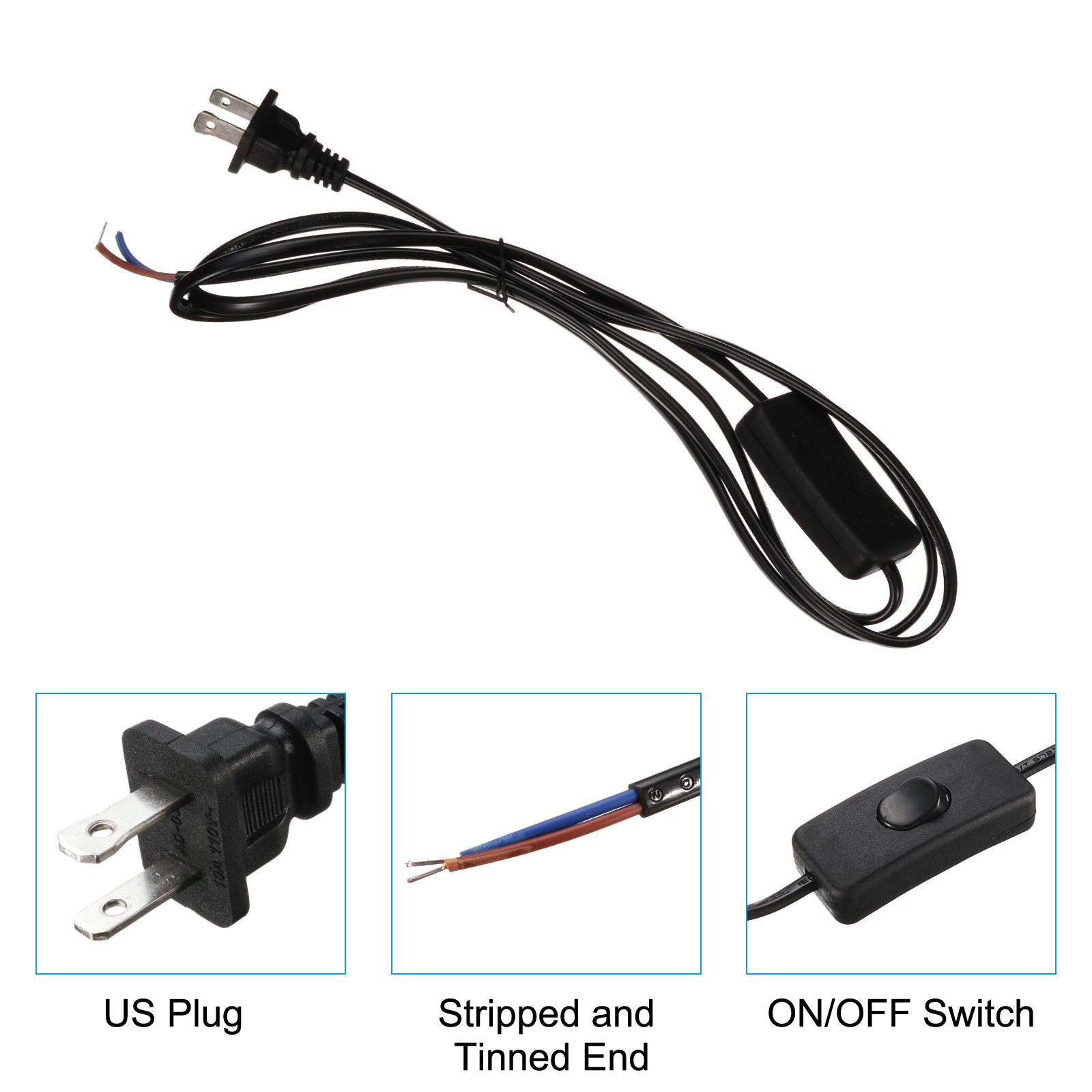4 Pcs 6FT 18/2 US Plug Lamp Cord with Switch Pure Copper Stripped End Black gallery