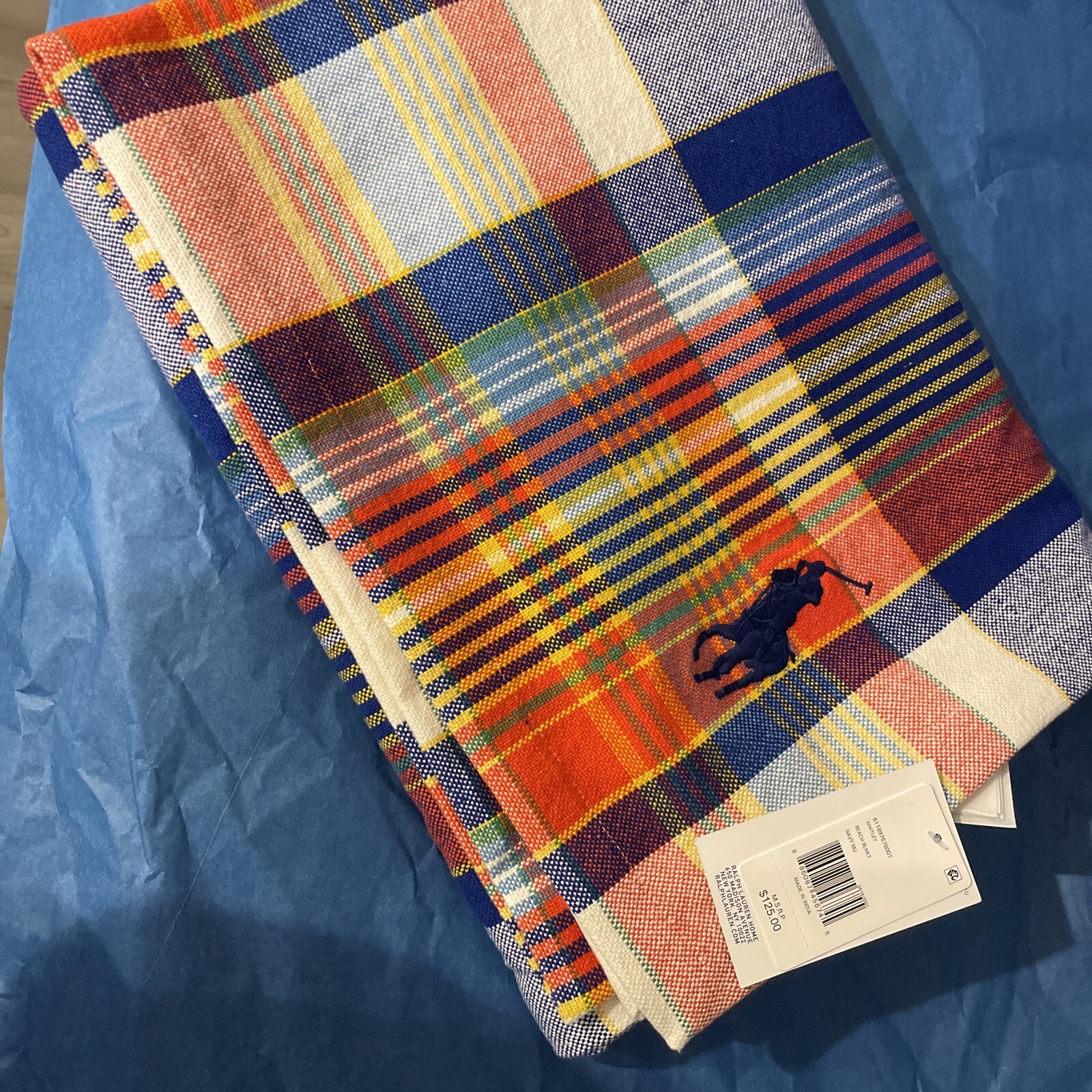 Authentic Polo Ralph Lauren $125 Cotton Beach Picnic Blanket 60x60” OEKO-TEX NWT gallery