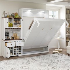 Queen Size Wall Murphy Bed with Ample Storage, Wine Rack, Glass Holder,LED Strip