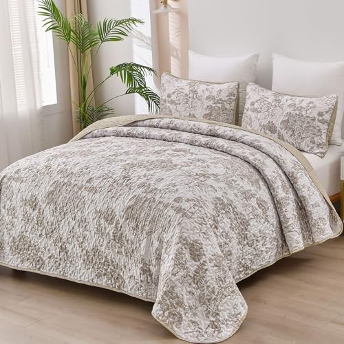 Botanical Quilt Set Size, Khaki 3 Pieces Floral Plants Printed Queen Brown gallery