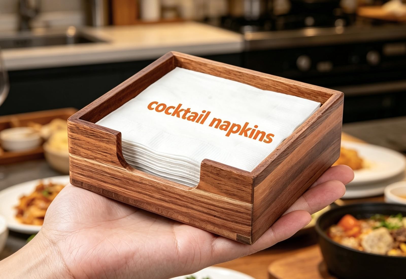 Acacia Cocktail Napkin Holder for Table, Wooden Napkin Holder, Flat Square Bever gallery