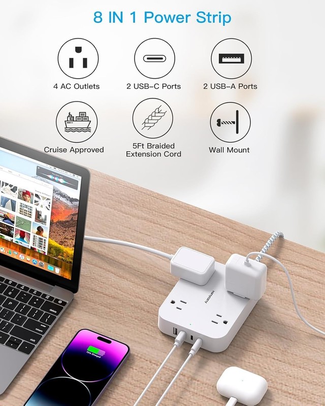 Flat Plug Extension Cord, 5Ft Power Strip with USB Ports(2 USB C), Widely Out gallery