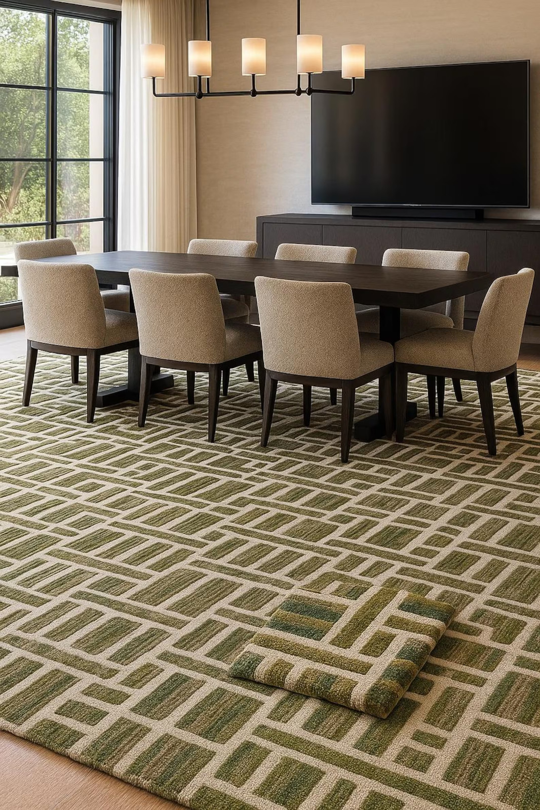 Premium Quality Hand-Tufted Wool Rug: Green Beige Geometric High-Low Pile 9x10 gallery