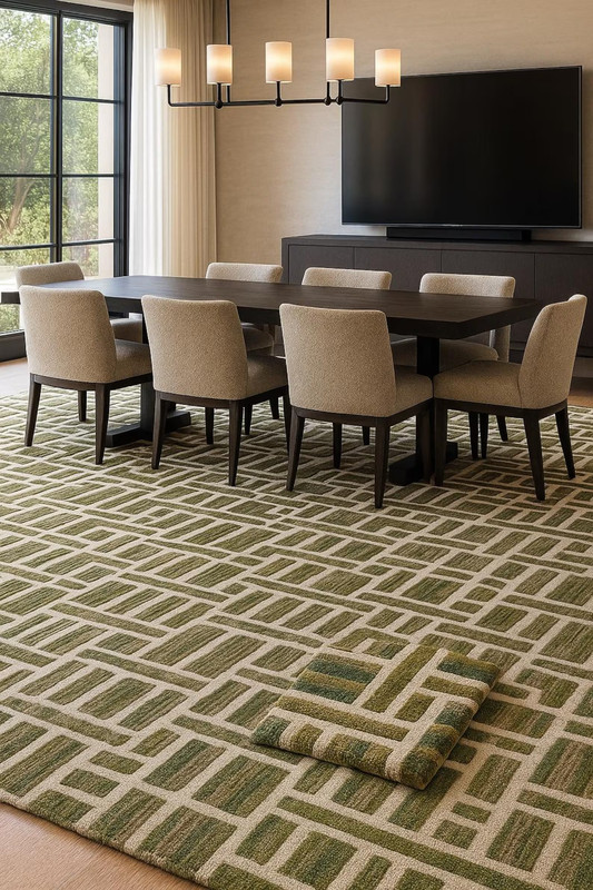 Premium Quality Hand-Tufted Wool Rug: Green Beige Geometric High-Low Pile 9x10 gallery