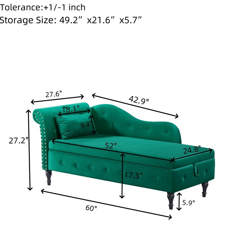 60" Velvet Storage Chaise Lounge Buttons Tufted Sleeper Sofa Chair Wood Legs gallery