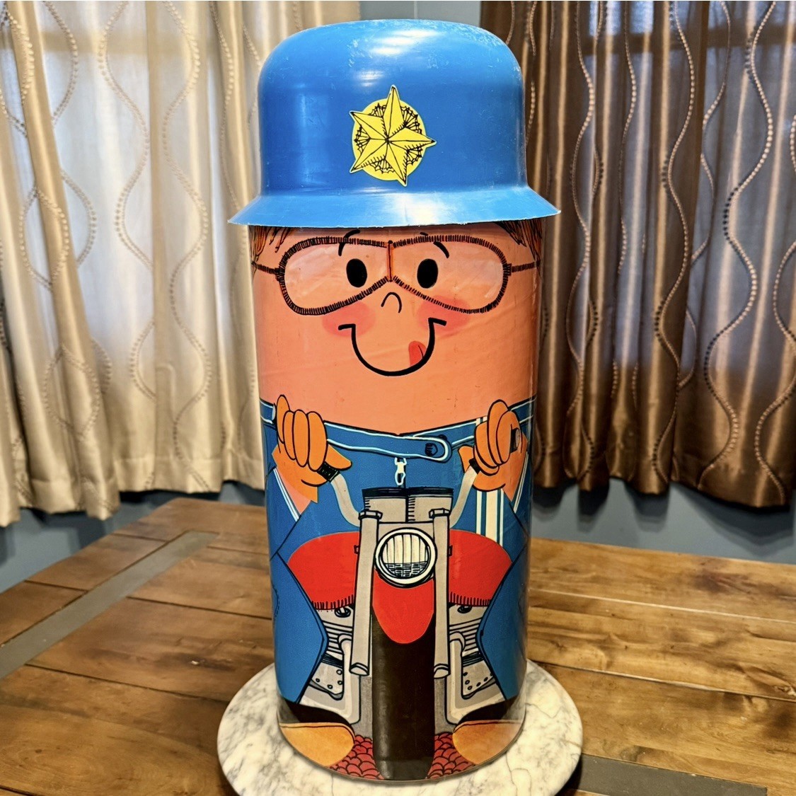 VTG 70s Cheinco 1972 Keystone Cop Motorcycle Policeman Police Trash Can Lid USA gallery