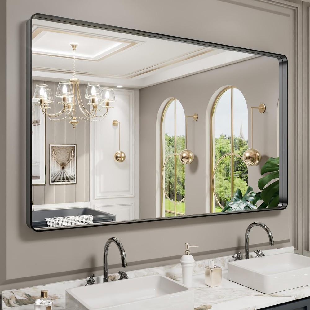 Mirror 60 L x 36 W Rounded Rectangle Black Metal Frame LOAAO Bathroom Framed