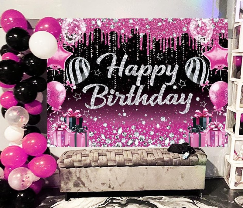 Pink Black Happy Birthday Backdrop for Women Pink and Black Glitter Happy Birthd gallery