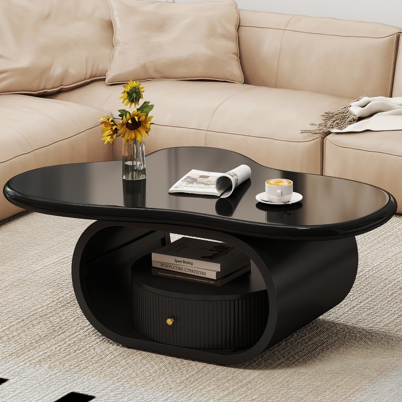 Modern 39" Black Coffee Table Cloud Center Table MDF Metal w/ Drawer Living Room gallery