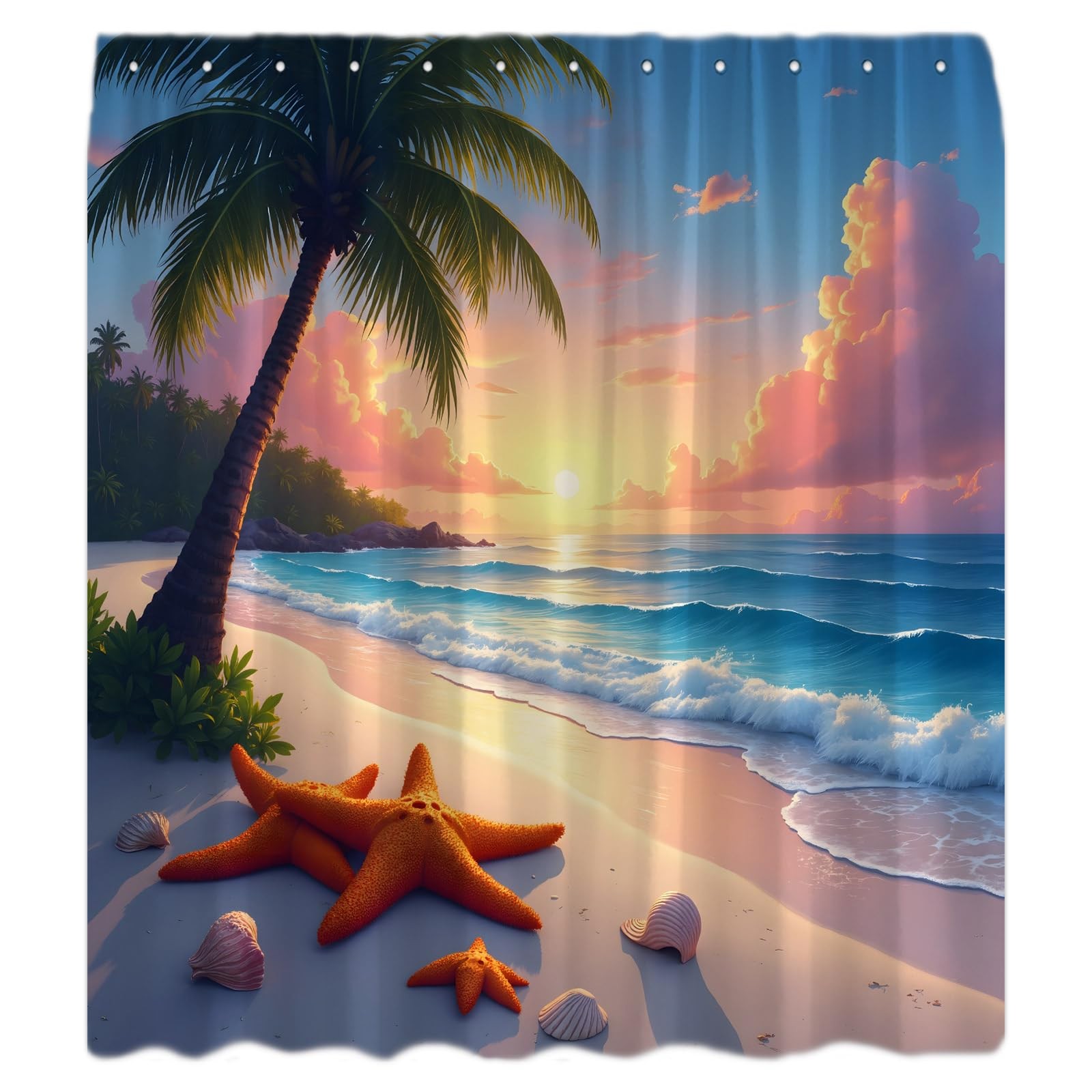 Beach Design Shower Curtain, Sunset, Landscape, Tropical Palm Tree, Sea gallery